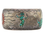 Navajo - Turquoise and Coral Chip Inlay and Silver Bracelet with Stamped Design c. 1970s, size 7