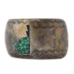 Navajo - Turquoise and Coral Chip Inlay and Silver Bracelet with Stamped Design c. 1970s, size 7