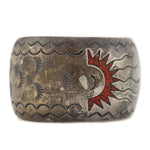 Navajo - Turquoise and Coral Chip Inlay and Silver Bracelet with Stamped Design c. 1970s, size 7