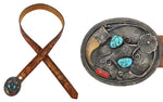 Atkinson Trading Company - Navajo - Turquoise, Coral, Bear Claw, and Silver Belt Buckle with Floral Design and Leather Belt with Hand-Stamped Woodlands Pictorial Scene c. 1970s, 37.5" - 43" size waist