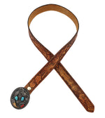 Atkinson Trading Company - Navajo - Turquoise, Coral, Bear Claw, and Silver Belt Buckle with Floral Design and Leather Belt with Hand-Stamped Woodlands Pictorial Scene c. 1970s, 37.5" - 43" size waist