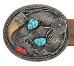 Atkinson Trading Company - Navajo - Turquoise, Coral, Bear Claw, and Silver Belt Buckle with Floral Design and Leather Belt with Hand-Stamped Woodlands Pictorial Scene c. 1970s, 37.5" - 43" size waist