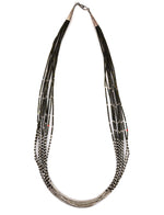 Navajo - 10-Fine-Strand Jet and Silver Liquid Silver-Style Necklace with One Coral Bead c. 1970s, 26" length