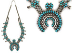 Attributed to Warren Ondelacy - Zuni - Turquoise Petit Point Cluster and Silver Squash Blossom Necklace c. 1940s, 31" length