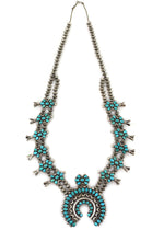 Attributed to Warren Ondelacy - Zuni - Turquoise Petit Point Cluster and Silver Squash Blossom Necklace c. 1940s, 31" length
