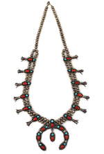 Navajo - Coral, Turquoise, and Silver Squash Blossom Necklace c. 1960s, 28" length