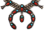 Navajo - Coral, Turquoise, and Silver Squash Blossom Necklace c. 1960s, 28" length