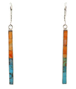Veronica Benally - Navajo - Contemporary Turquoise and Spiny Oyster Inlay and Sterling Silver French Hook Earrings, 2.25" x 0.125"