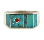 Veronica Benally - Navajo - Contemporary Turquoise and Coral Channel Inlay and Sterling Silver Ring, size 7.5