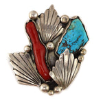Dan Simplicio (1917-1969) - Zuni - Turquoise, Coral, and Silver Pin and Post Earrings Set c. 1960s