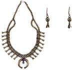 Navajo - Lapis Lazuli and Silver Squash Blossom Necklace and French Hook Earrings Set c. 1960s