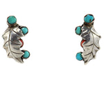 Zuni - Turquoise, Coral, and Silver Post Earrings with Leaf Design c. 1950-60s, 1" x 0.5"