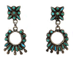 Zuni - Turquoise Needlepoint and Silver Dangle Design Post Earrings c. 1930-40s, 1.75" x 0.875"