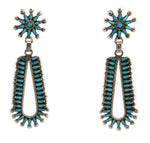 Dishta Family - Zuni - Turquoise Needlepoint and Silver Dangle Design Post Earrings c. 1950s, 2.25" x 0.75"