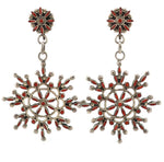Zuni - Coral Needle Point and Silver Dangling Snowflake Design Post Earrings c. 1950s, 2.75" x 1.75"