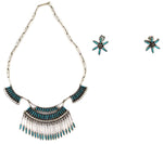 Zuni - Turquoise Needle Point and Silver Necklace and Post Earrings Set c. 1950s