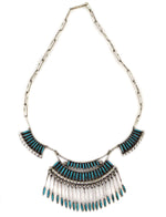 Zuni - Turquoise Needle Point and Silver Necklace and Post Earrings Set c. 1950s