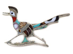 Zuni - Multi-Stone Channel Inlay and Silver Roadrunner Pin c. 1940-50s, 1.75" x 2.875"