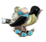 Zuni - Multi-Stone Channel Inlay and Silver Bird Pin c. 1940-50s, 1.375" x 1.875"