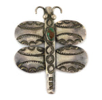 Attributed to Tom and Grace Yazzie - Navajo - Turquoise and Silver Dragonfly Pin with Stamped Design c. 1930s, 2.375" x 1.875"