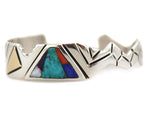 Ronnie Henry - Navajo - Contemporary Multi-Stone Inlay, 14K Gold, and Sterling Silver Overlay Bracelet with Asymmetrical Design, size 6.5