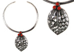 Sam Patania - Coral and Sterling Silver Pinecone Pendant on Sterling Silver Choker c. 2000s, 3" x 2" pendant