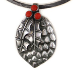 Sam Patania - Coral and Sterling Silver Pinecone Pendant on Sterling Silver Choker c. 2000s, 3" x 2" pendant