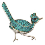 Dixie Quandelacy (1908-1979) - Zuni - Turquoise Channel Inlay and Silver Roadrunner Pin c. 1940-50s, 1.875" x 2"