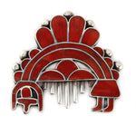 Attributed to Rose Pincio - Zuni - Coral Channel Inlay and Silver Rainbow God Pin c. 1940-50s, 1.75" x 2"