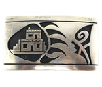 Wilmer Saufkie Lomayaoma Sr. (d. 2011) - Hopi - Sterling Silver Overlay Belt Buckle with Bear Paw and Pueblo Pictorials c. 1990s, 1.375" x 2.375"