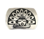Riley Polyquaptewa and Hopicrafts - Silver Overlay Belt Buckle with Kachina Pictorial c. 1970s, 2" x 3"