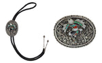 John Lucio (1919-1984) - Zuni - Multi-Stone Channel Inlay and Silver Eagle Dancer and Snake Design Bolo Tie & Belt Buckle Set c. 1960s