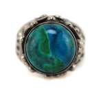 Israeli - Chrysocolla and Sterling Silver Cast Ring c. 1960-70s, size 8.75