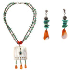 Navajo - 2-Strand Multi-Stone Pen Shell Heishi Necklace with Spiny Oyster, Turquoise, and Silver Bead Post Earrings Set c. 1970-80s