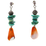 Navajo - 2-Strand Multi-Stone Pen Shell Heishi Necklace with Spiny Oyster, Turquoise, and Silver Bead Post Earrings Set c. 1970-80s