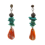 Navajo - 2-Strand Multi-Stone Pen Shell Heishi Necklace with Spiny Oyster, Turquoise, and Silver Bead Post Earrings Set c. 1970-80s