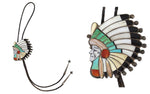 Attributed to Ralph Quam - Zuni - Multi-Stone Channel Inlay, Silver, and Leather Native in Headdress Pictorial Bolo Tie c. 1950-60s, 3.5" x 3" bolo