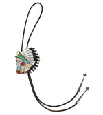 Attributed to Ralph Quam - Zuni - Multi-Stone Channel Inlay, Silver, and Leather Native in Headdress Pictorial Bolo Tie c. 1950-60s, 3.5" x 3" bolo