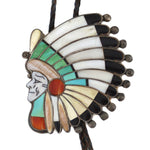 Attributed to Ralph Quam - Zuni - Multi-Stone Channel Inlay, Silver, and Leather Native in Headdress Pictorial Bolo Tie c. 1950-60s, 3.5" x 3" bolo
