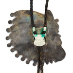 Attributed to Ralph Quam - Zuni - Multi-Stone Channel Inlay, Silver, and Leather Native in Headdress Pictorial Bolo Tie c. 1950-60s, 3.5" x 3" bolo