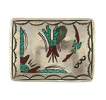 Navajo - Turquoise and Coral Chip Inlay and Silver Belt Buckle with Stamped Design c. 1970s, 1.5" x 2"