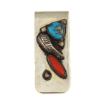 Navajo - Morenci Turquoise, Coral, and Silver Money Clip with Feather Design c. 1960s, 0.75" x 1.875"