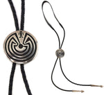 Bernard Dawahoya (1937-2010) - Hopi - Silver Overlay and Leather Bolo Tie with Man in the Maze Design c. 1960s, 1.625" diameter bolo