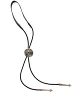 Bernard Dawahoya (1937-2010) - Hopi - Silver Overlay and Leather Bolo Tie with Man in the Maze Design c. 1960s, 1.625" diameter bolo