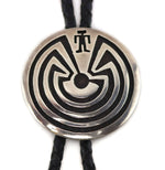Bernard Dawahoya (1937-2010) - Hopi - Silver Overlay and Leather Bolo Tie with Man in the Maze Design c. 1960s, 1.625" diameter bolo