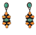 Geneva Apachito (b. 1969) - Navajo - Spiny Oyster/Turquoise Cluster and Sterling Silver Dangle Design Post Earrings c. 1990s, 1.75" x 0.625"