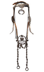 Leather Horse Headstall with Silver Conchos and Naja Pendant c. 1900, 25" x 8" x 7"