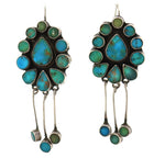 Navajo - Turquoise Cluster and Silver Dangle Design French Hook Earrings c. 1940-50s, 3" x 1.25"