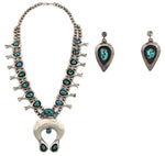 Navajo - Turquoise and Silver Squash Blossom Necklace and Post Earrings Set with Shadowbox Design c. 1950-60s