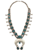 Navajo - Turquoise and Silver Squash Blossom Necklace and Post Earrings Set with Shadowbox Design c. 1950-60s